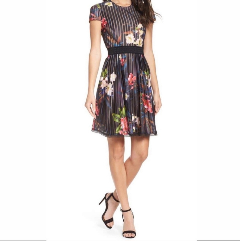 Chelsea28 Striped Floral Fit & Flare Dress Size Large